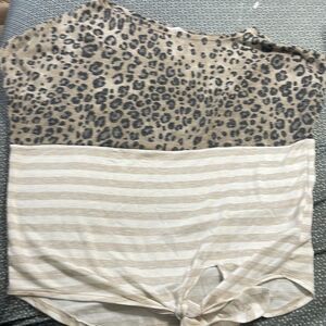 Short sleeve leopard print and strip shirt off shoulder with tie detail size L